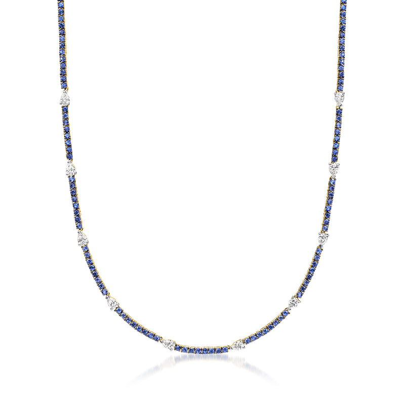 Sapphire and diamond tennis necklace, blue and white stones in 14kt yellow gold