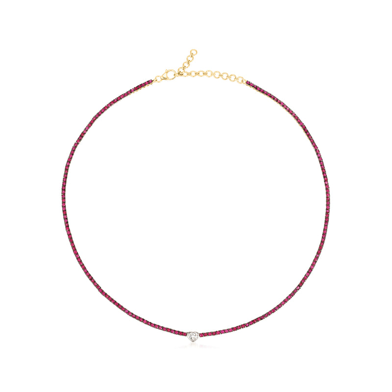 Heart choker necklace with round red gemstones and gold chain, small heart pendant at clasp