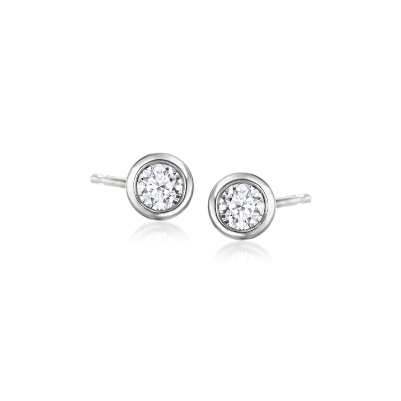 Sterling silver bezel-set diamond stud earrings with two round lab-grown stones