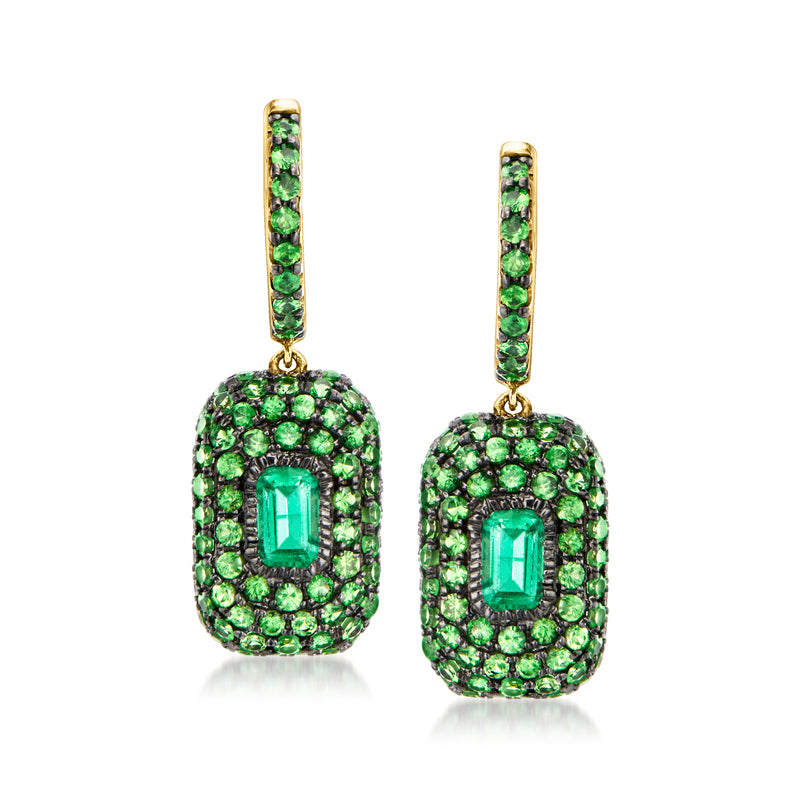 14kt yellow gold emerald drop earrings with green stone halo and emerald-cut center