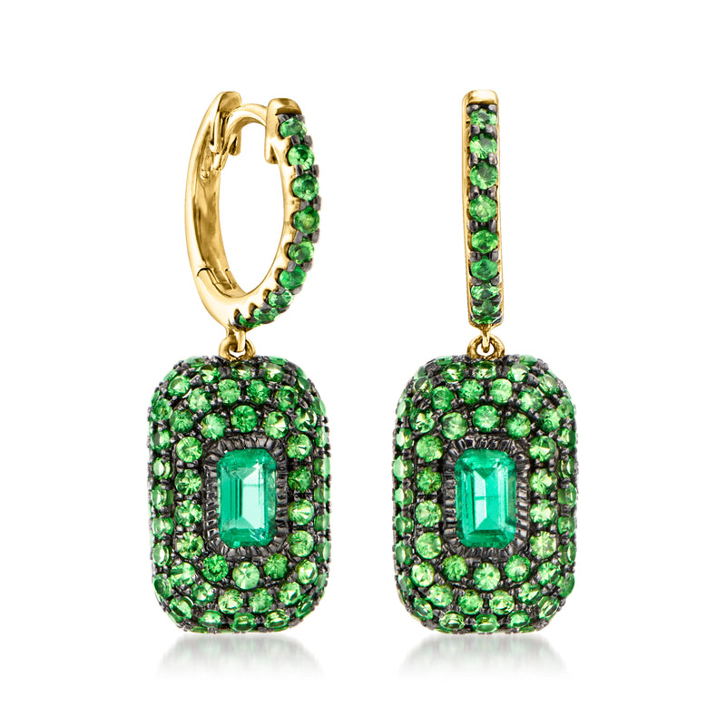 14kt yellow gold emerald drop earrings with pavé green stones and rectangular center stones