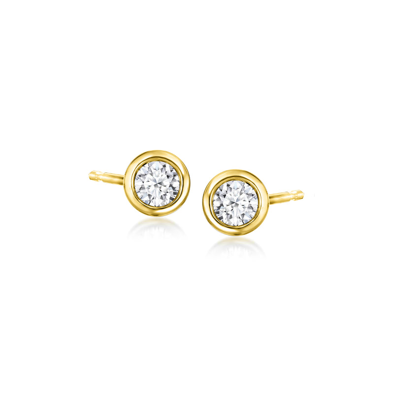 Lab-grown diamond stud earrings, round bezel-set stones in 18kt gold over sterling.