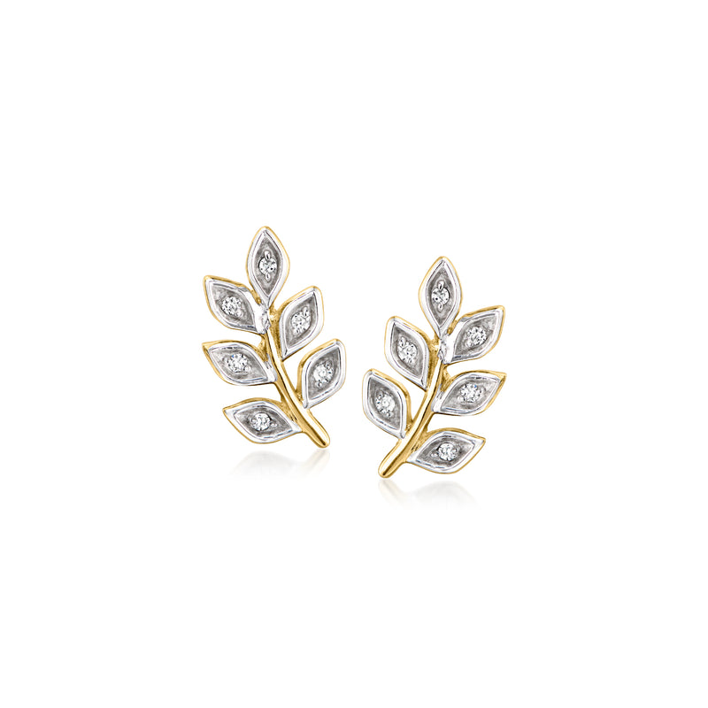14kt yellow gold leaf stud earrings with small clear diamond stones