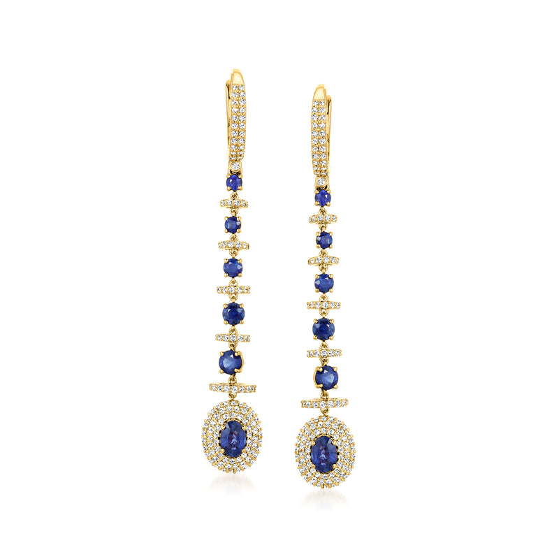 14kt yellow gold blue sapphire and diamond linear drop earrings with leverback.