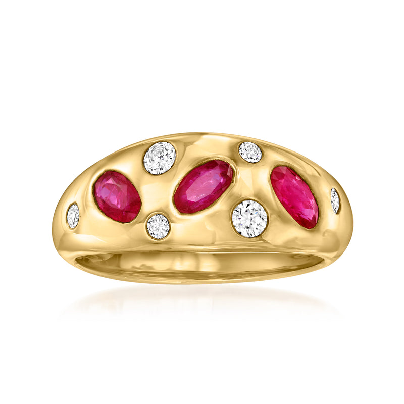 14kt yellow gold ring with rubies and round diamonds in a cluster setting