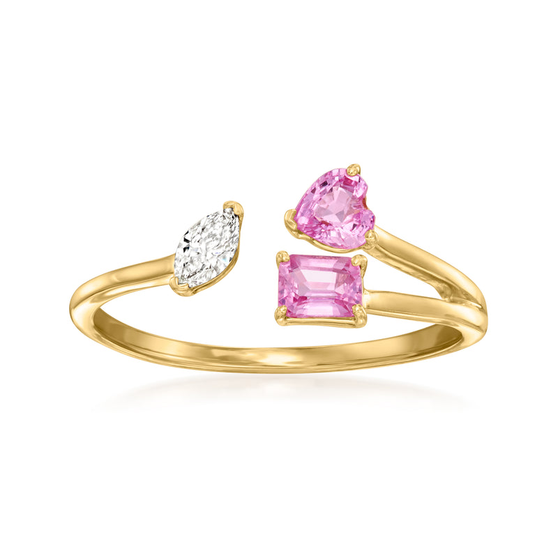 14kt yellow gold open-space ring with pink gemstone center and two diamond accents