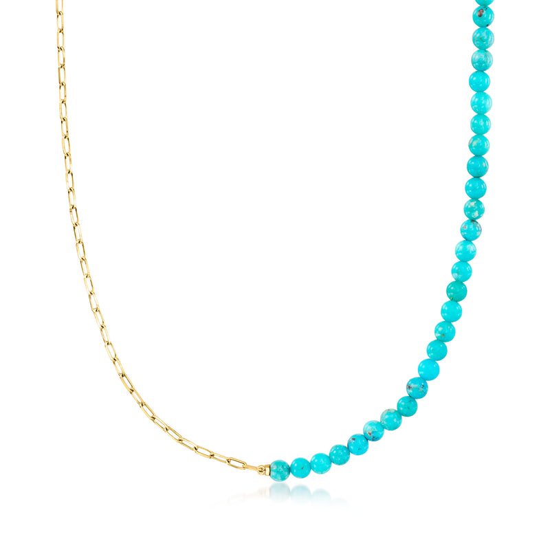 14kt yellow gold paper clip link necklace with turquoise round beads