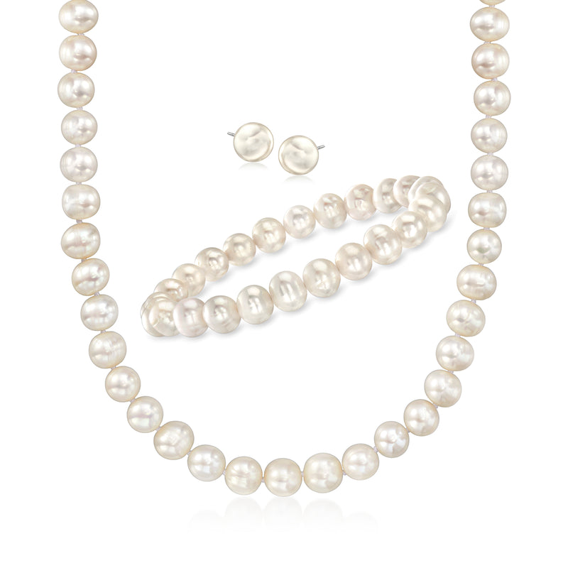 Cultured pearl jewelry set with round white pearls: necklace, bracelet, and stud earrings