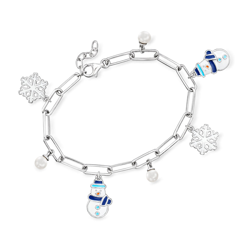 Sterling silver bracelet with enamel snowman and snowflake charms and cultured pearl accents