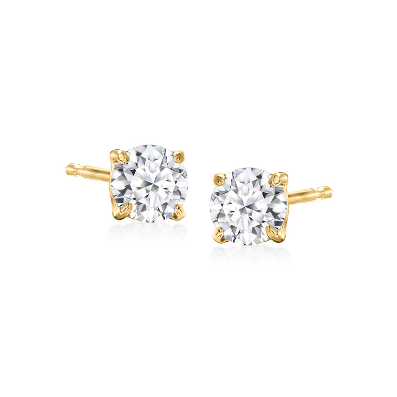 Round diamond stud earrings in 18kt gold over sterling, four-prong setting