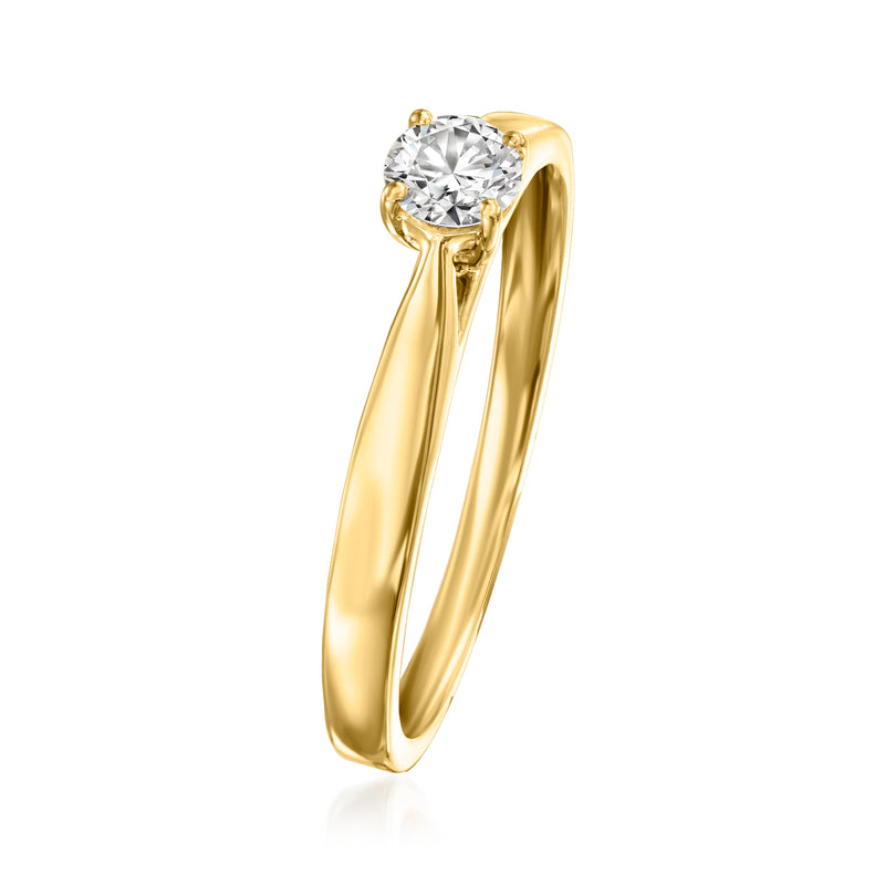 Gold solitaire ring showing round center diamond in prong setting