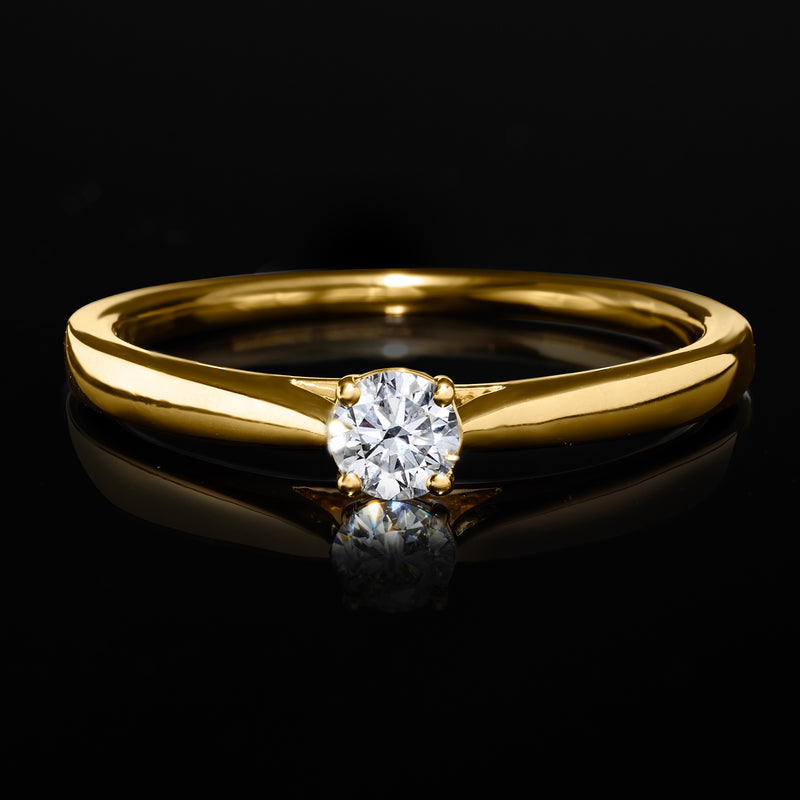 Gold solitaire diamond ring with round center stone and polished band