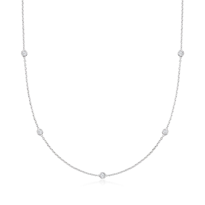 Sterling silver diamond station necklace with five round lab-grown stones on a cable chain