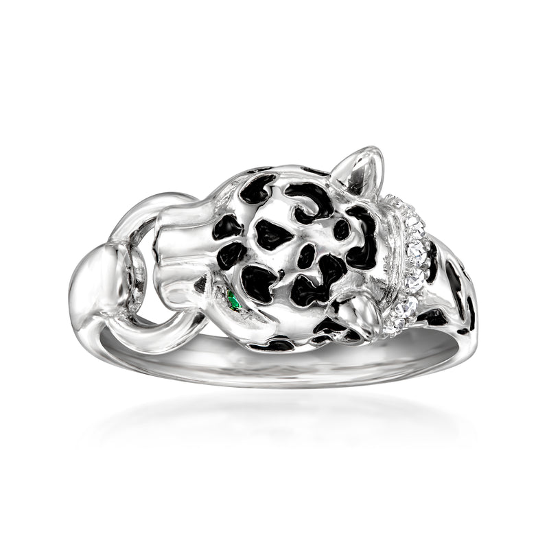 Sterling silver panther ring with black enamel spots, CZ stones and green accents.