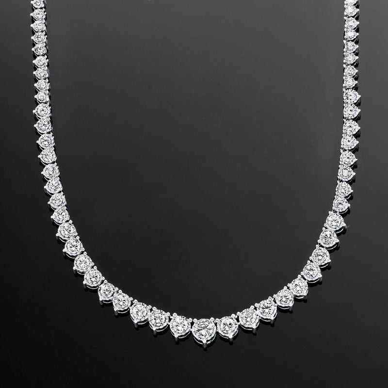 Sterling silver graduated diamond tennis necklace with bright round stones, symmetric design