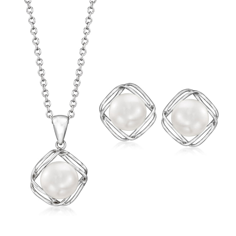 Sterling silver jewelry set with round white cultured pearl pendant and stud earrings