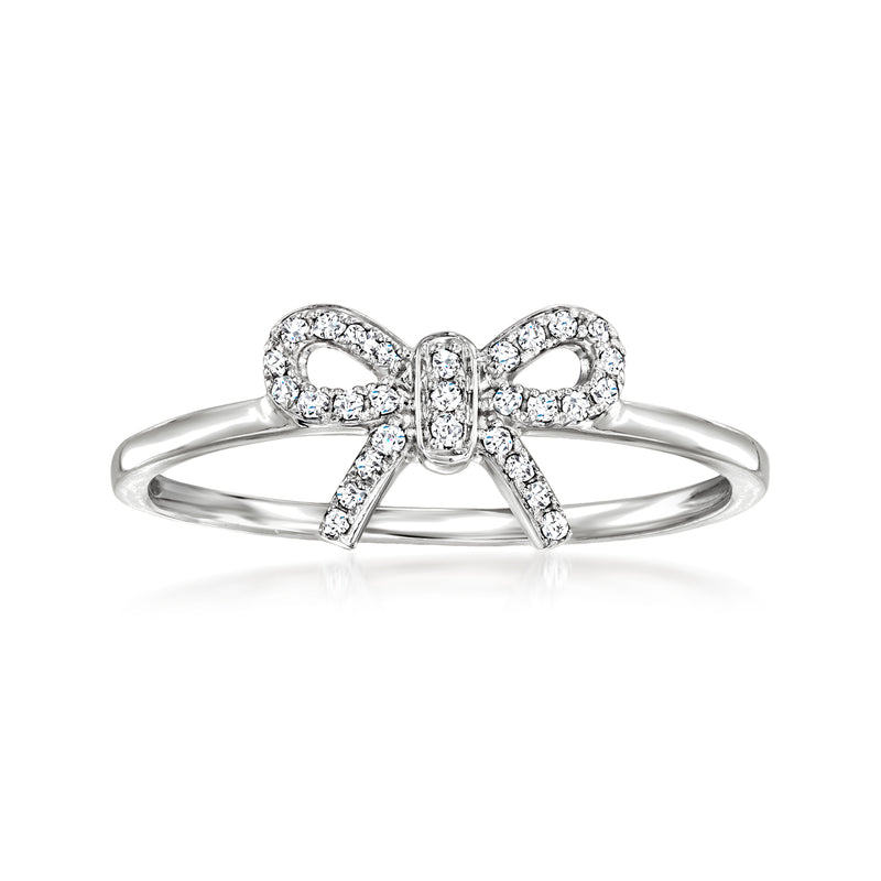 Sterling silver bow ring with clear diamond-like stones on the ribbon and center