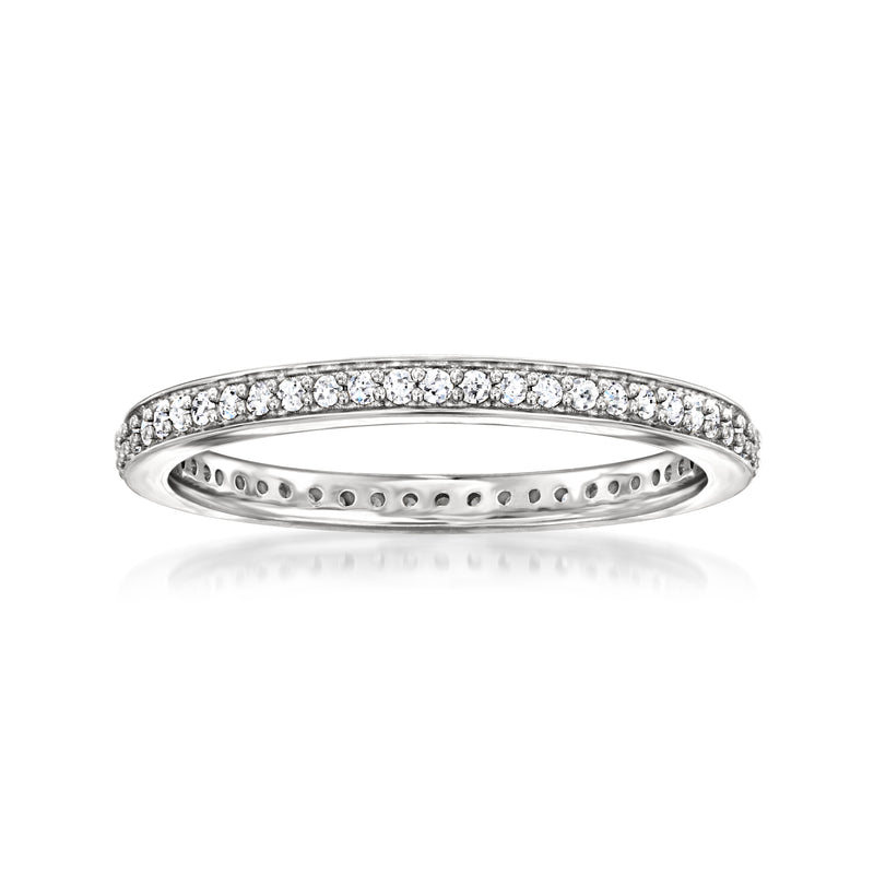 Sterling silver eternity band with round lab-grown diamonds, top view.