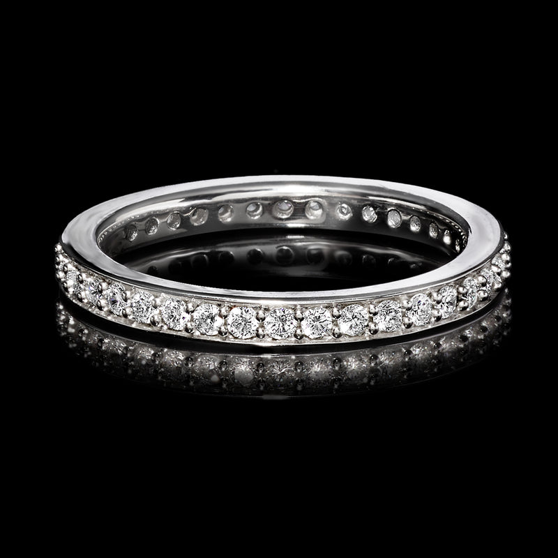 Sterling silver eternity band with continuous round diamonds along the outer edge