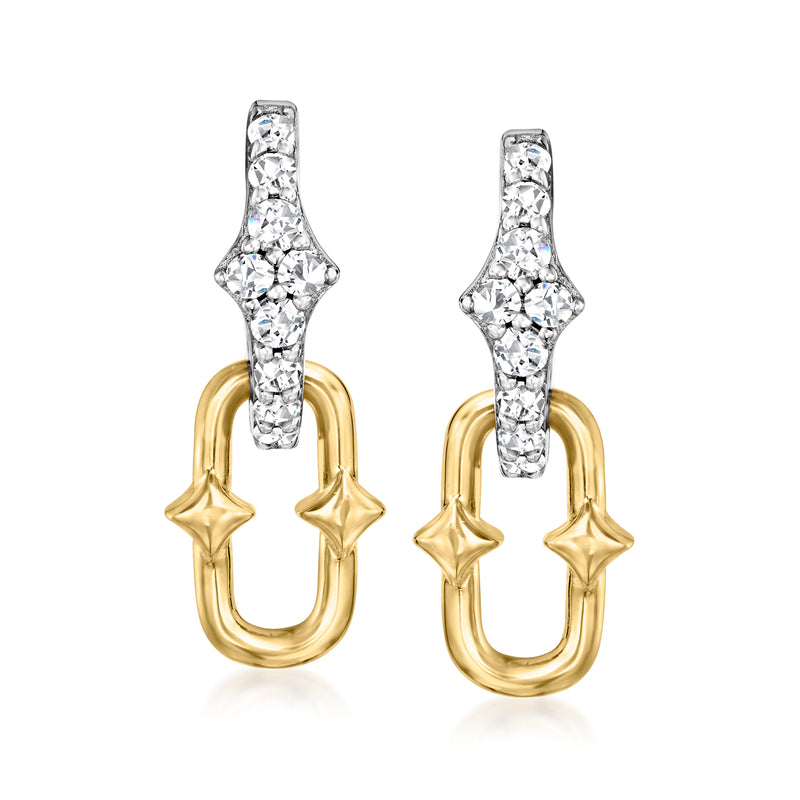 Two-tone sterling hoop drop earrings with CZ and star accents, gold U-link hoops and silver settings