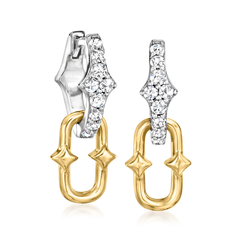 Two-tone sterling hoop drop earrings with CZ and star accents, angled view of gold U-link hoops