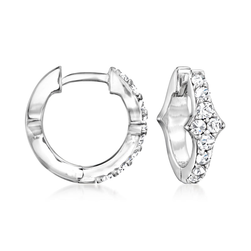 Silver-tone CZ hoop drop earrings with star-like charm, side view of the link hoop