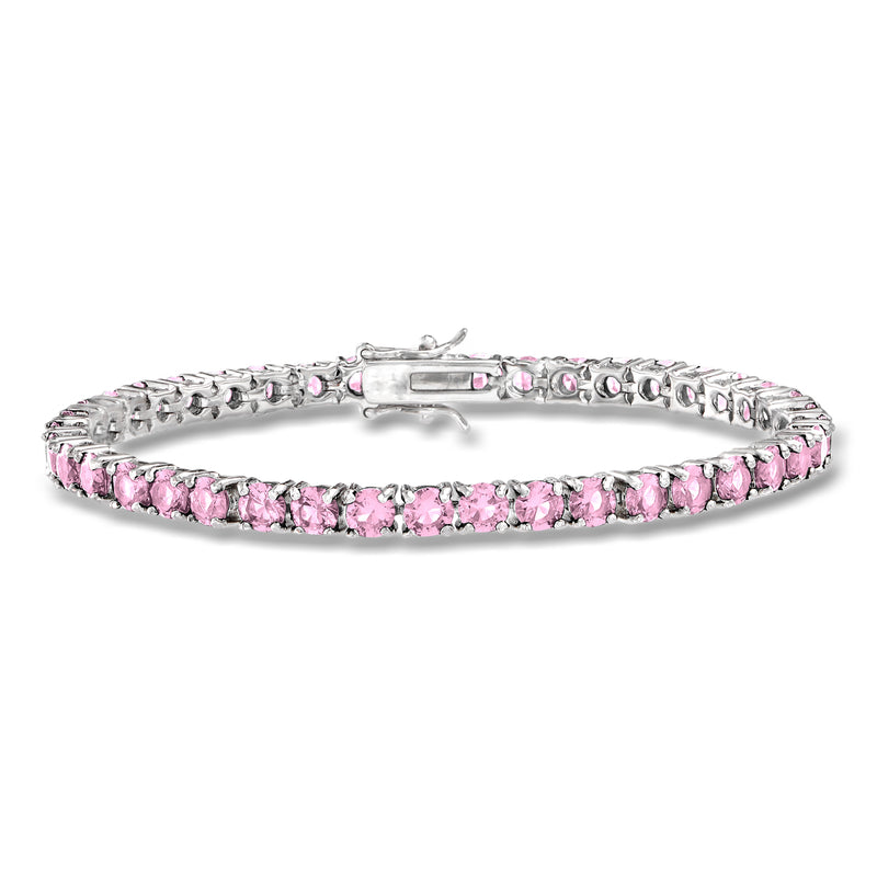 Sterling silver tennis bracelet with pink simulated sapphire stones, prong-set links