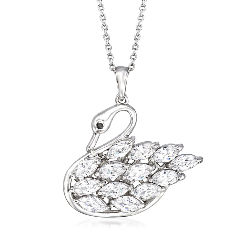 Sterling silver swan pendant necklace with clear CZ stones and dark accent
