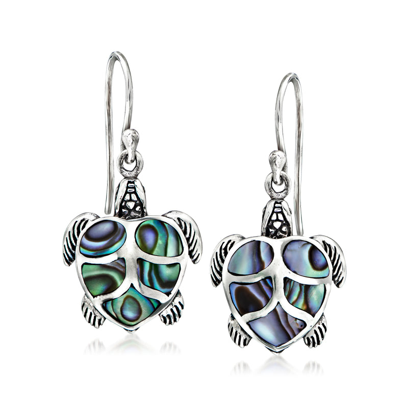 Sterling silver turtle drop earrings with abalone shell inlay, earwire hooks