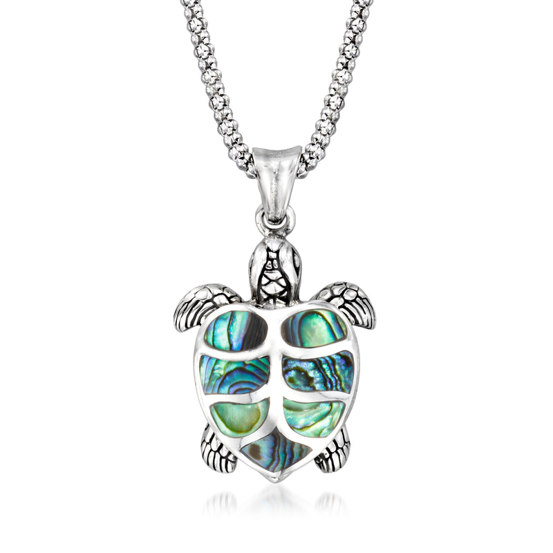 Sterling silver turtle pendant necklace with iridescent abalone shell inlay