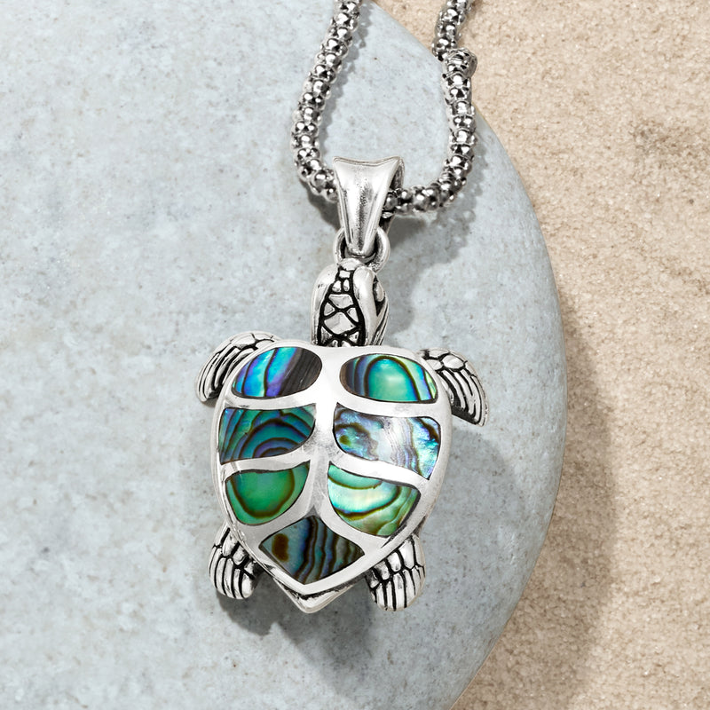 Turtle pendant necklace in sterling silver with abalone shell mosaic detail