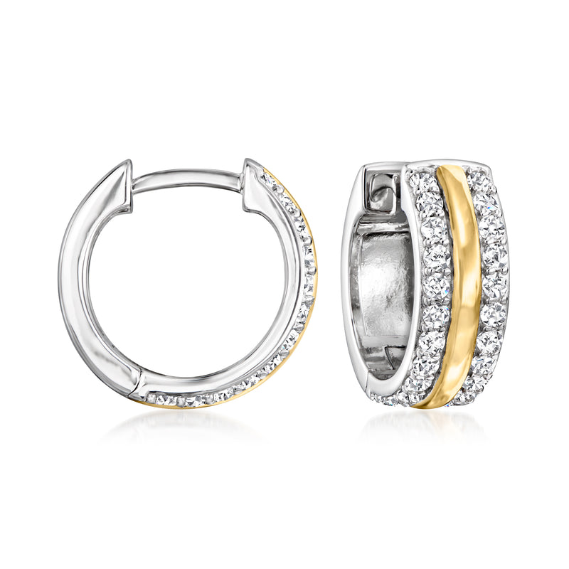 Two-tone sterling hoop earrings with round CZ accents, gold center stripe