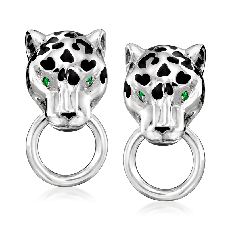 Sterling silver panther doorknocker earrings with black enamel spots and green accents
