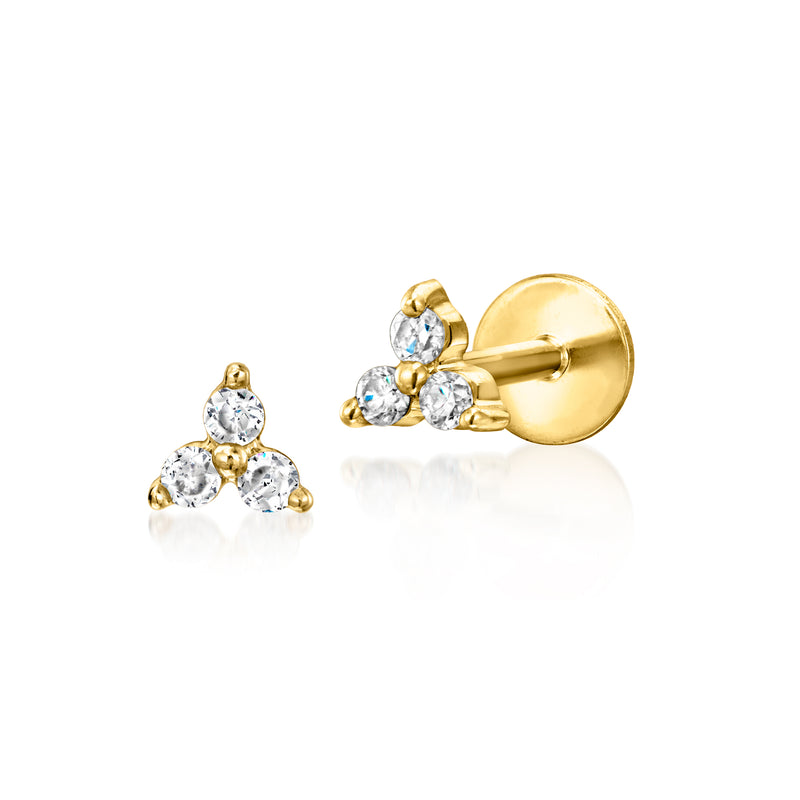 Three-stone diamond stud earrings in 14kt yellow gold with flat-back posts