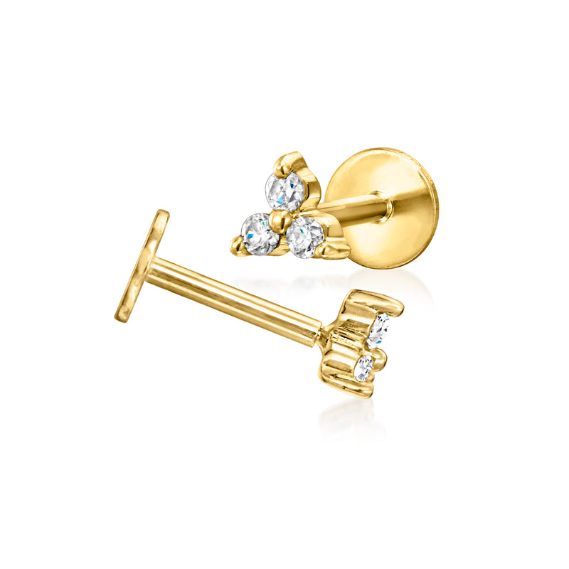 Three-stone diamond stud earrings in 14kt yellow gold, flat-back post side view