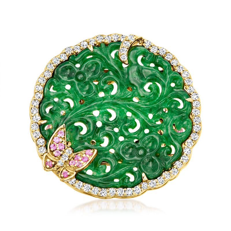 18kt yellow gold ring with carved green jade butterfly, diamond border, pink sapphire accents