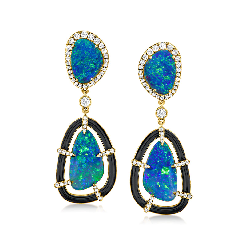 Yellow gold drop earrings with blue opal double drops and diamond accents