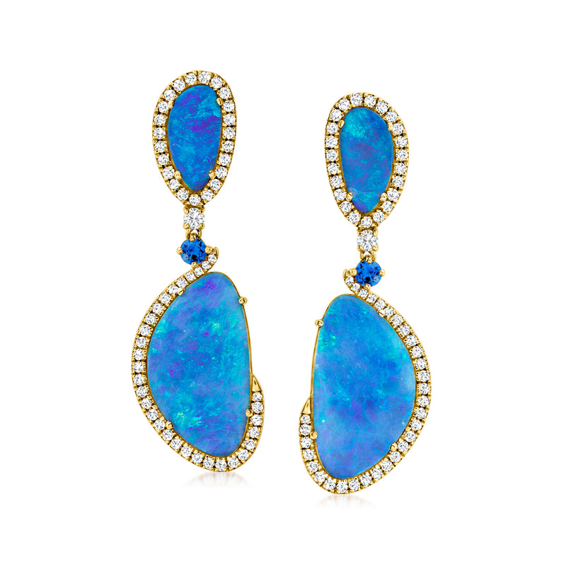 Yellow gold drop earrings with blue opal teardrops, diamond halos, and sapphire accents