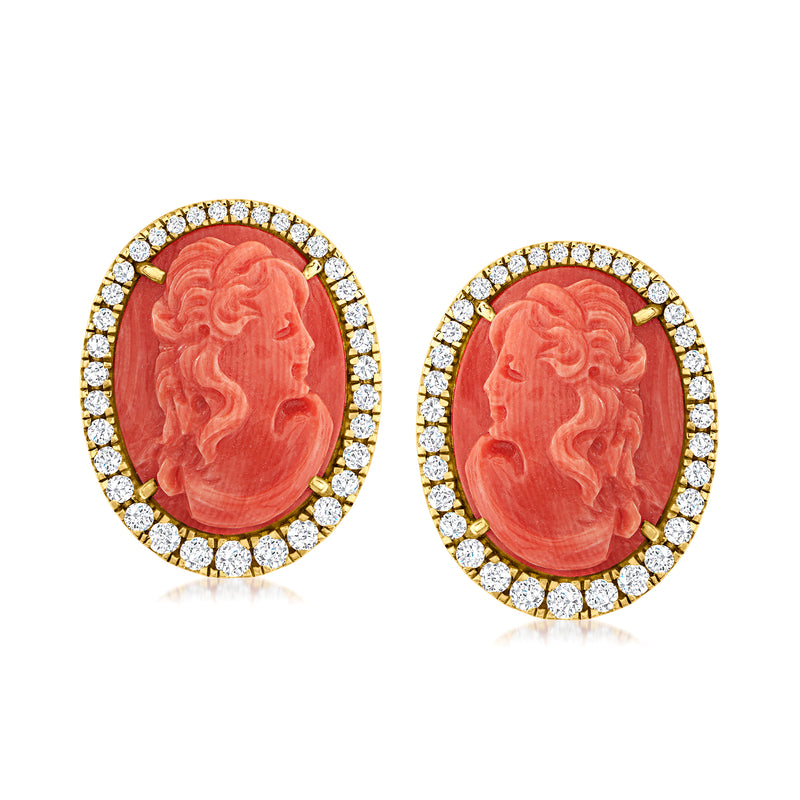 Oval carved coral earrings with diamond halo in 18kt yellow gold, post backs