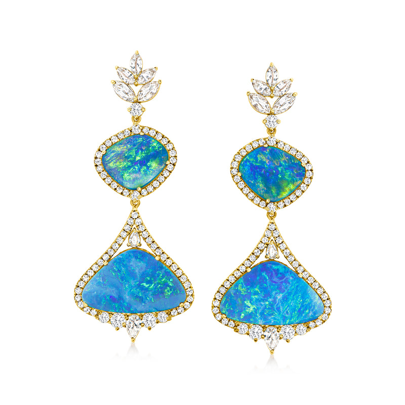 14kt yellow gold drop earrings with blue opal-style stones and diamond accents