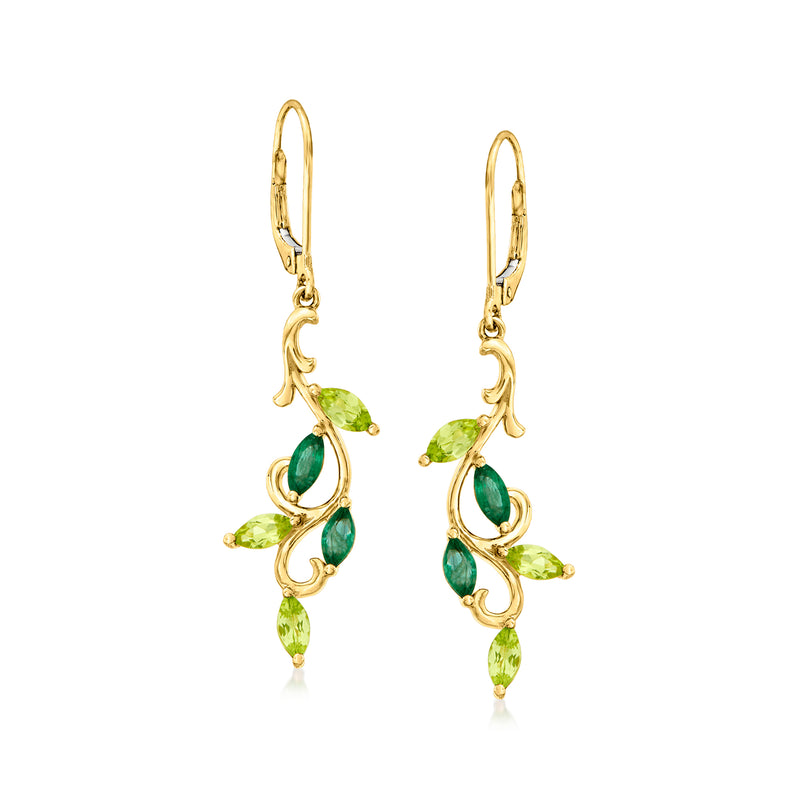14kt yellow gold vine drop earrings with green gemstones, leverback backs