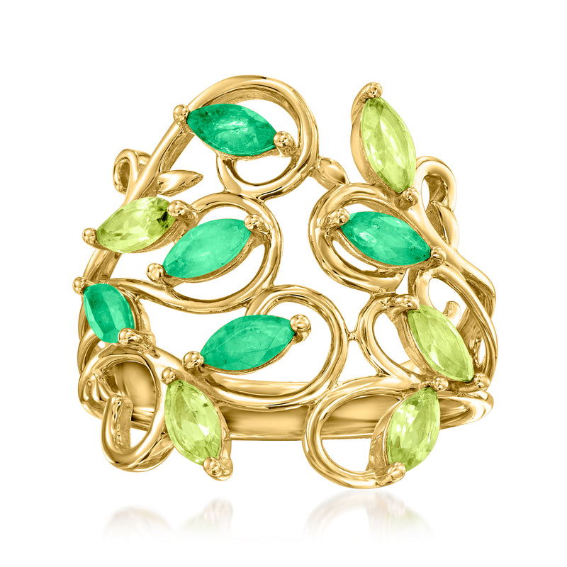 14kt yellow gold vine ring with oval green gemstones, scalloped openwork setting