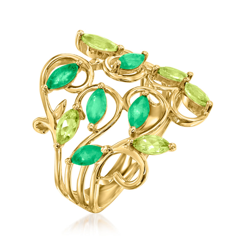 14kt yellow gold vine ring with mixed green oval and marquise gemstones, openwork
