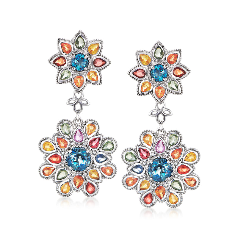 Sterling silver floral drop earrings with multicolored gemstones and blue center stones