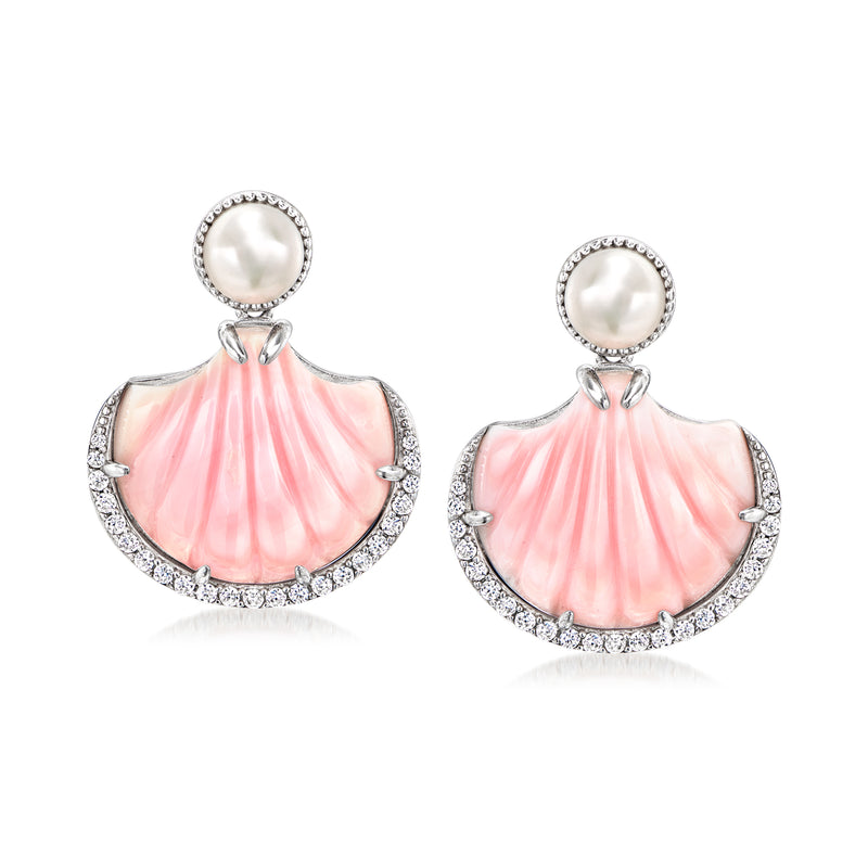 Sterling silver drop earrings with white pearl and pink conch shell fan, zircon details