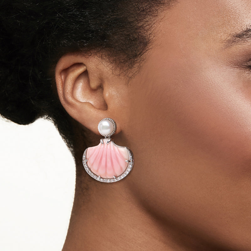 Sterling silver drop earring with white pearl top and pink conch shell fan, zircon border
