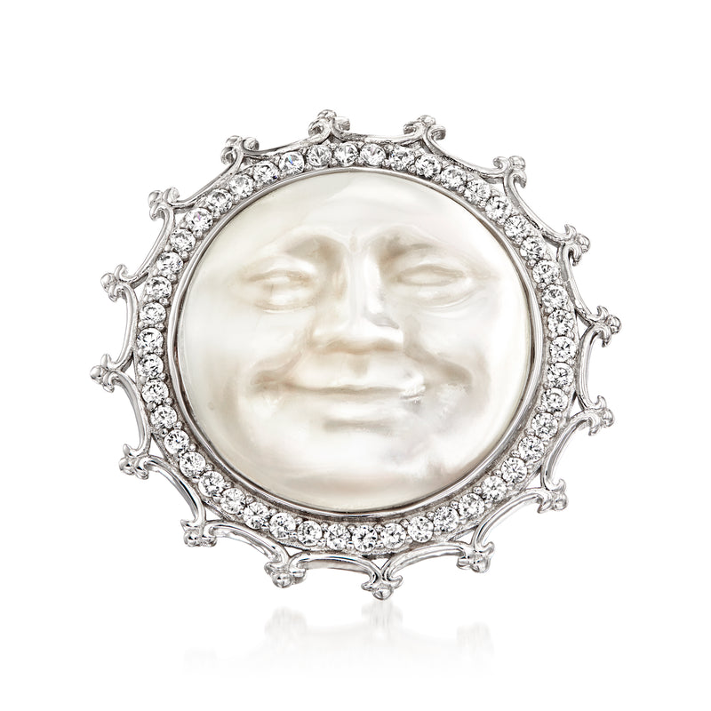 Mother-of-pearl moon face ring with white zircon in sterling silver