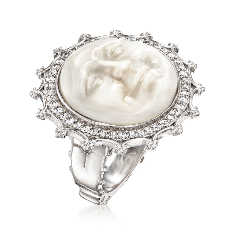Sterling silver man-in-the-moon ring with mother-of-pearl face and zircon stones