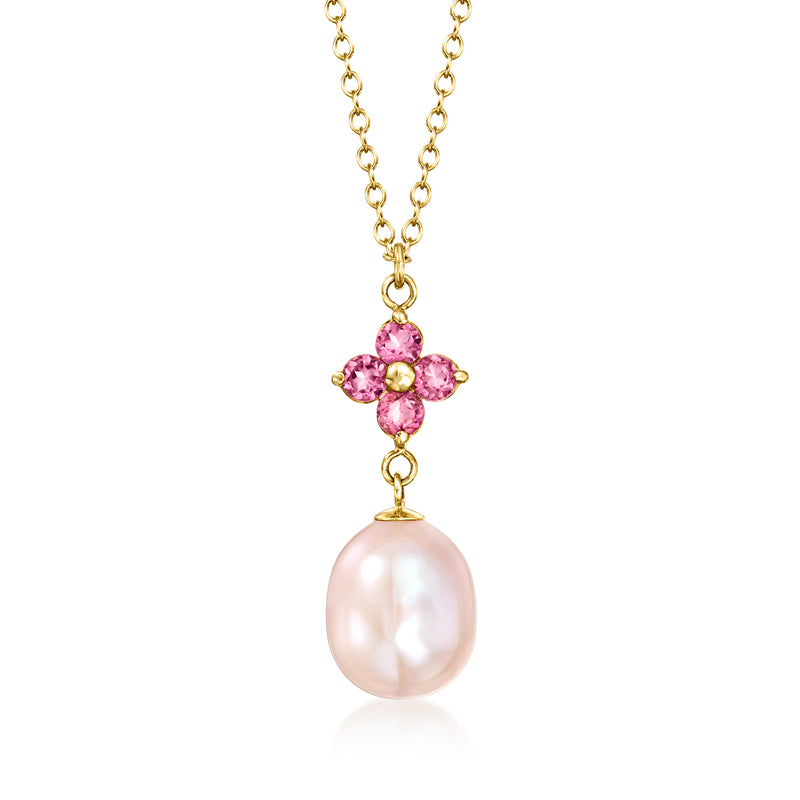 14kt yellow gold Y-necklace with pink cultured pearl drop and pink floral gemstones