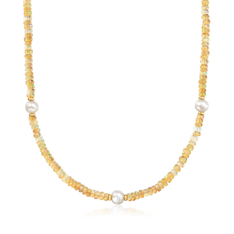 Orange opal bead necklace with cultured pearls and 14kt yellow gold spacers